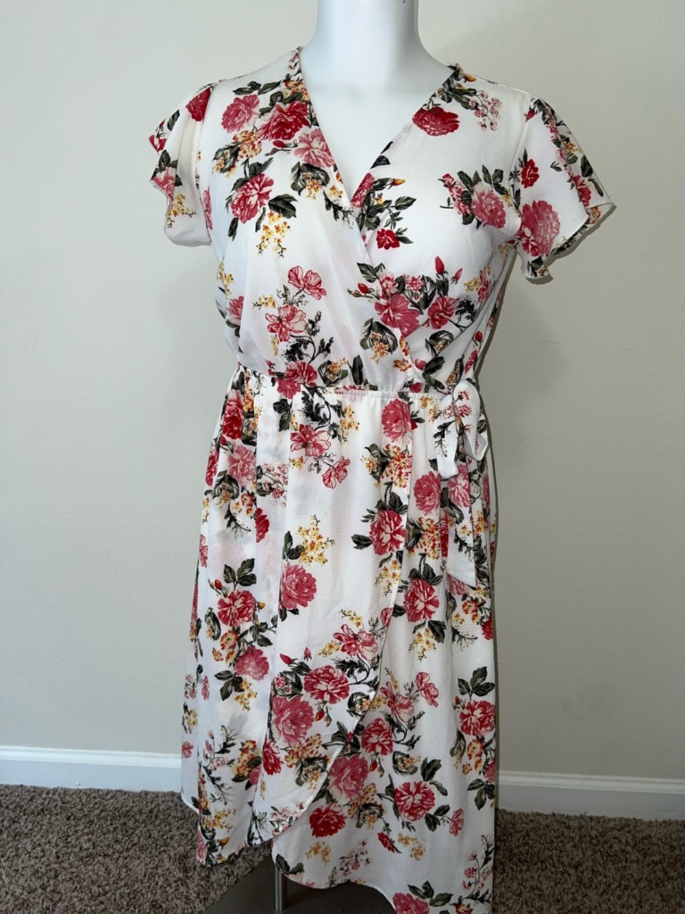 Scobe Floral Wrap Midi Dress in White and Pink